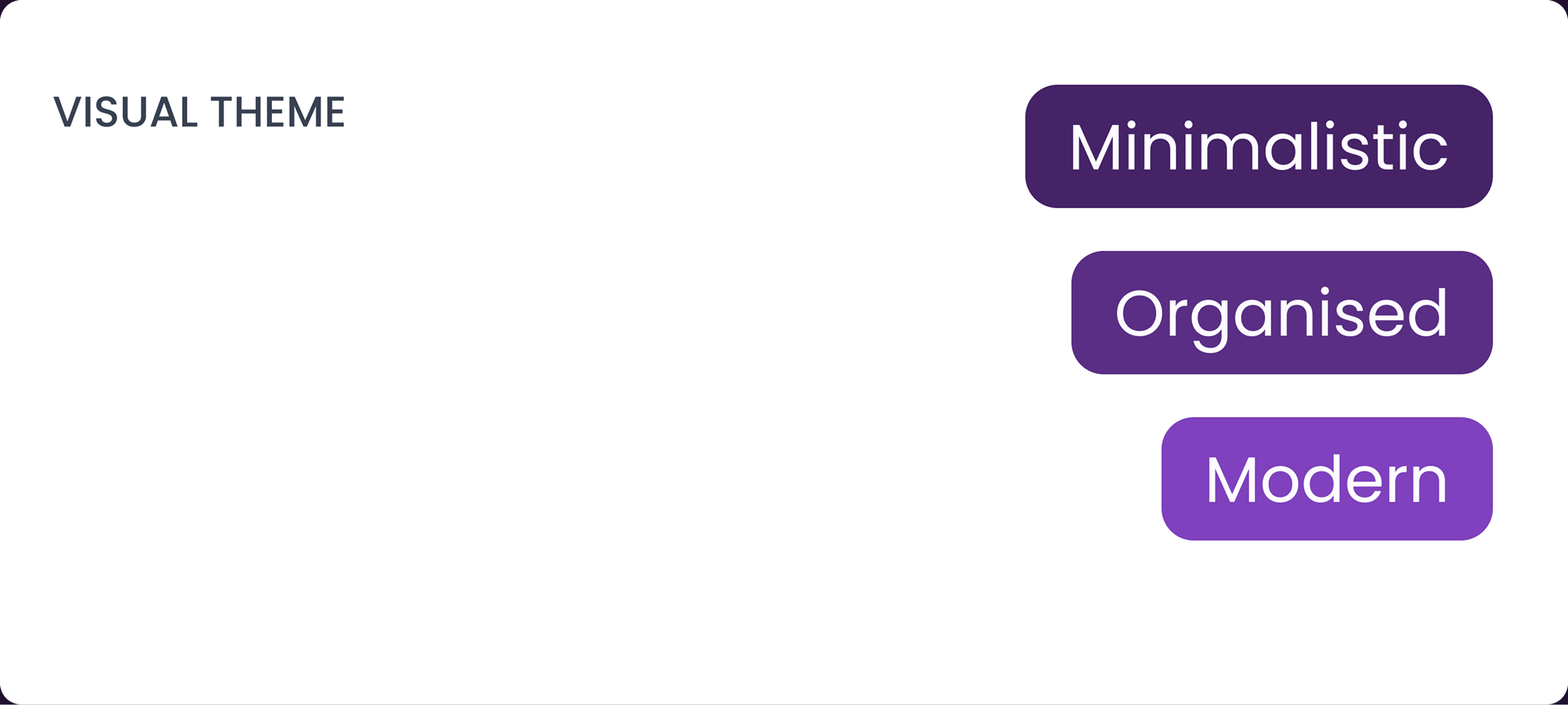 Visual theme: Minimalistic, Organised, Modern